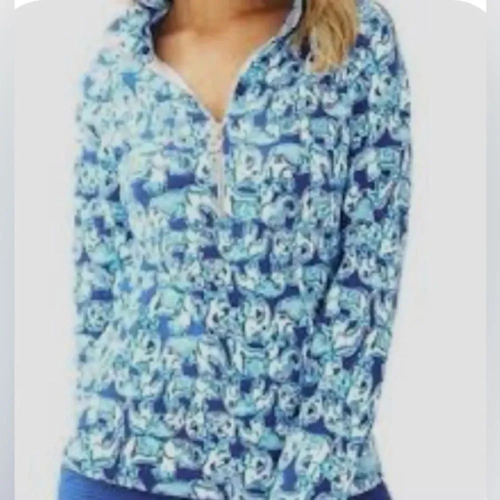 Lilly Pulitzer Blue/White Elephant Design 1/2 Zip Pullover Gold Zip Size M